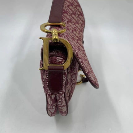 Dior Vintage Double Saddle Burgundy Oblique Monogram Canvas Gold Hardware