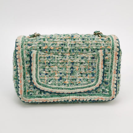 Chanel Classic Flap Mini Rectangular Tweed Green Multicolor Gold Hardware 2018-19