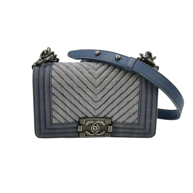 Chanel Le Boy Small Denim Blue Jeans Chevron Stitching Silver Hardware