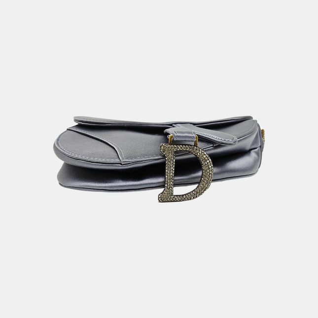 Dior Saddle Mini Silk Blue Grey with Crystal Embedded Buckles