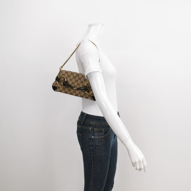 Sold Gucci Horsebit 1955 Chain Clutch Small Cloth Beige Monogram Brown Leather Shoulder bag