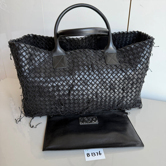 Bottega Veneta Cabat Large Intreccio Leather with Fringes Black 40cm-Luxbags