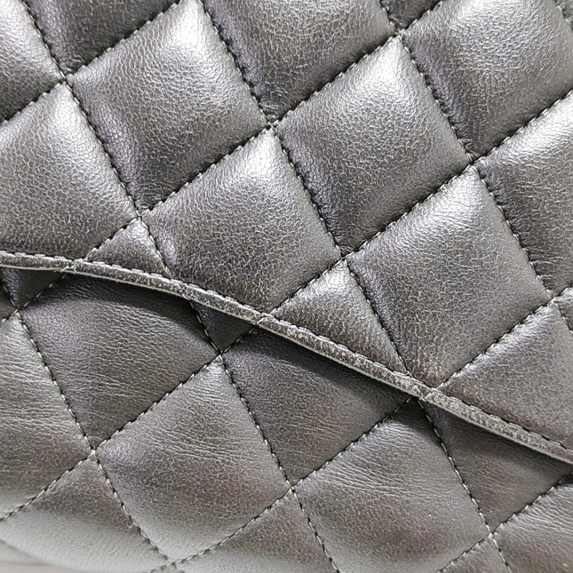 Chanel Timeless Classic Flap Medium Grey Lambskin Leather Silver Hardware