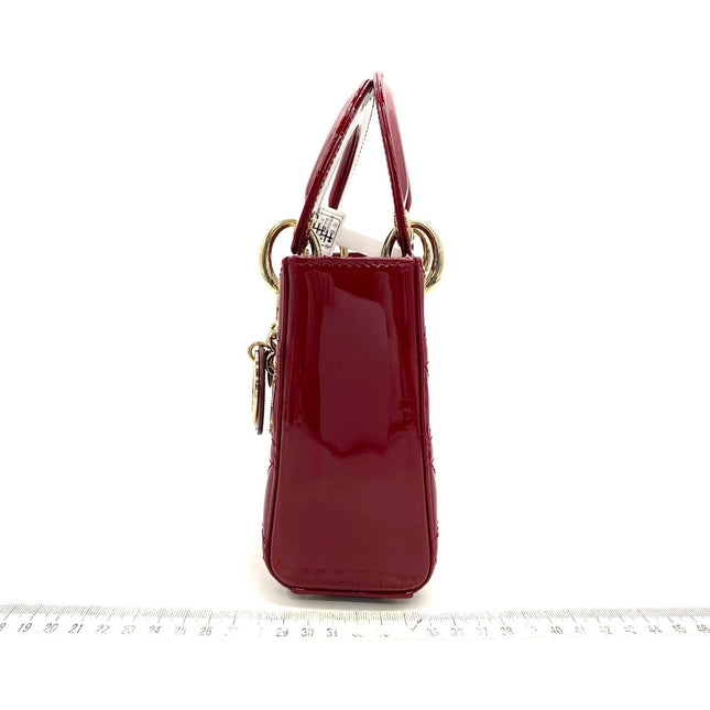 Lady Dior Mini Handbag Burgundy Red Patent Leather Gold-tone Chain Strap