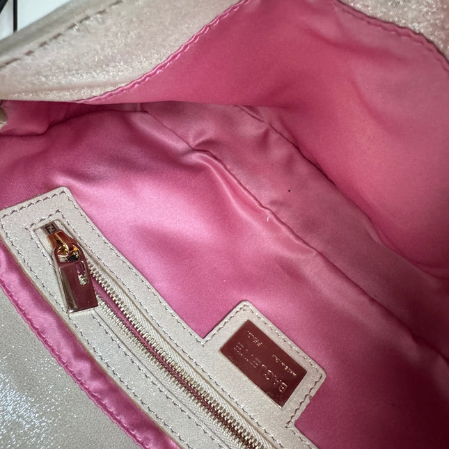FENDI Baguette 1997 White Pearlescent Fabric Crystal Buckle Shoulder Bag