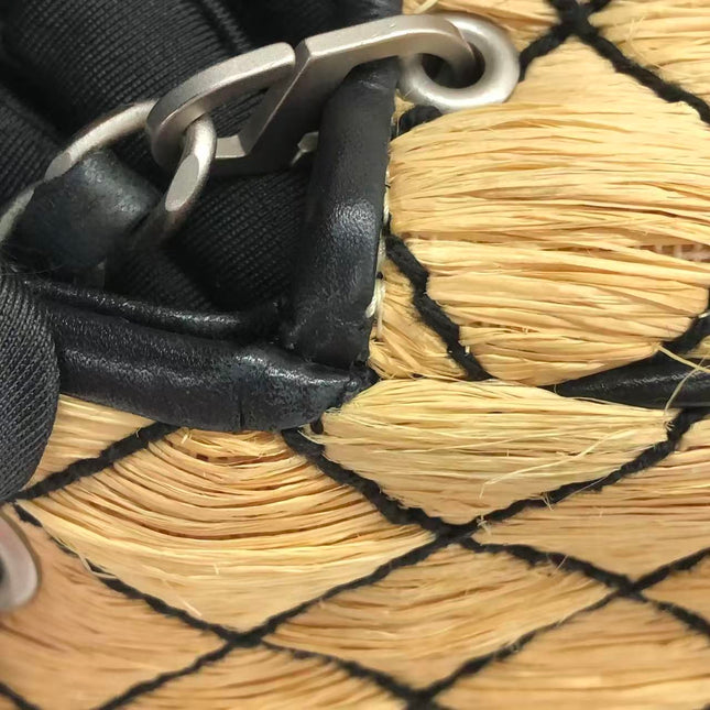 Chanel Medium Straw Wicker Flap Bag Black Diamond Wild Stitch