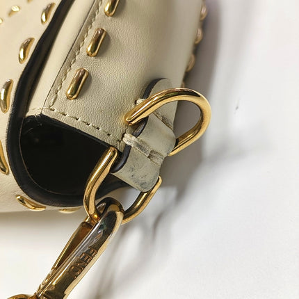 Fendi Baguette Selleria Medium White Calfskin Leather Gold Studs Crossbody Bag