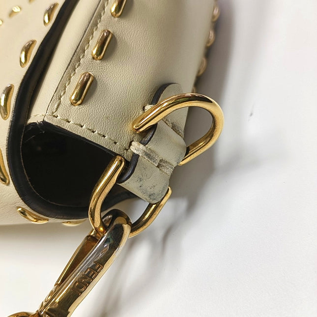 Fendi Baguette Selleria Medium White Calfskin Leather Gold Studs Crossbody Bag