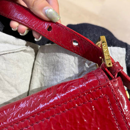 FENDI Baguette Red Crinkled Patent Leather Shoulder Bag