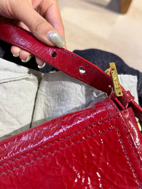 FENDI Baguette Red Crinkled Patent Leather Shoulder Bag
