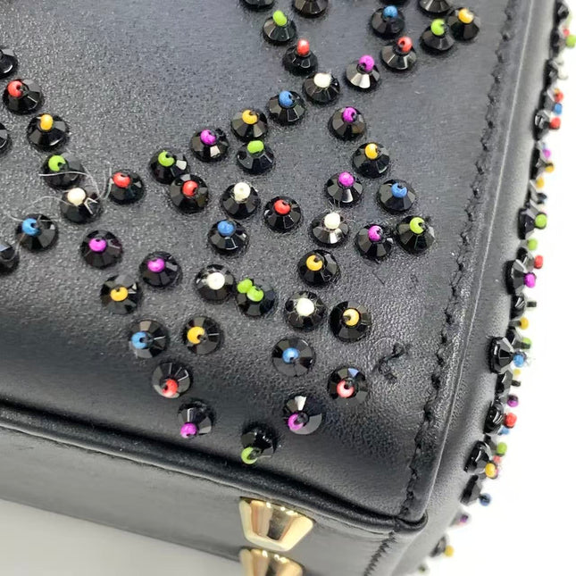 Lady Dior Mini Black Calfskin Leather with Multicolor Crystals Gold Hardware