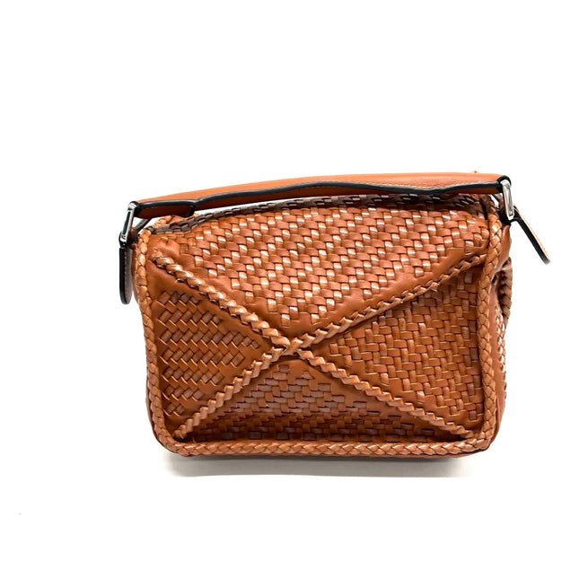 Loewe Puzzle Small Leather Woven Braided Tan Brown Crossbody Bag
