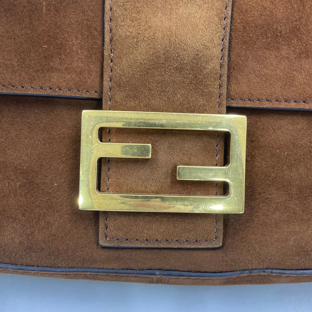 Fendi Baguette Selleria Suede Leather Crossbody Bag Medium Caramel Tan