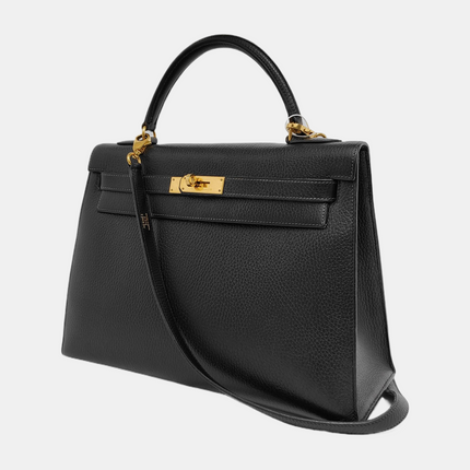 Hermes Kelly 32 Sellier Black Clemence Leather Gold Hardware 1995