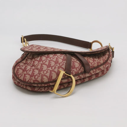 Dior Saddle Vintage Medium Red Burgundy Monogram Oblique Shoulder Bag 2002