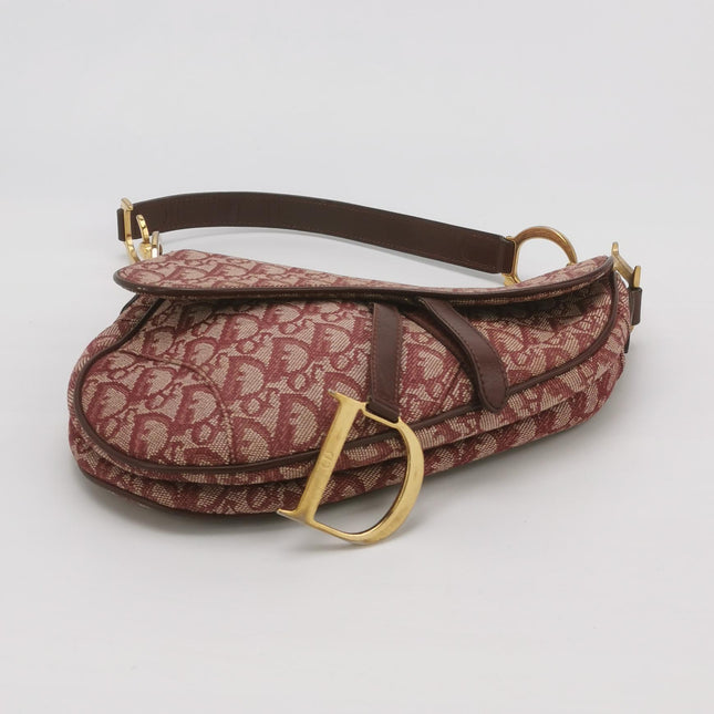 Dior Saddle Vintage Medium Red Burgundy Monogram Oblique Shoulder Bag 2002