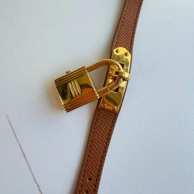 Hermès Kelly Padlock Gold Watch with Diamonds Brown Leather Strap