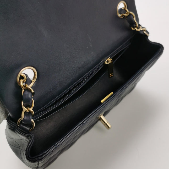 Chanel Classic Flap Mini Rectangular Navy Lambskin Leather Gold Hardware Microchip