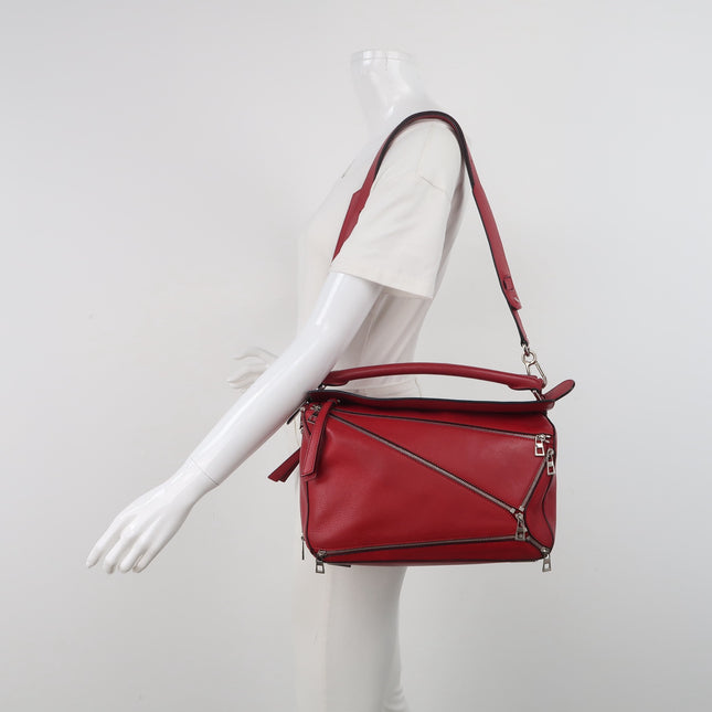 Loewe Puzzle Medium Red Leather with Zipper Crossbody Bag