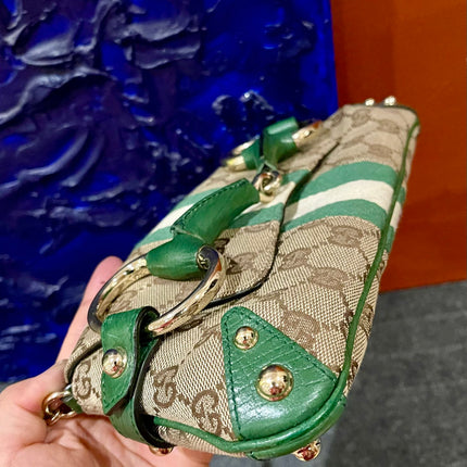 Gucci Horsebit 1955 Chain Bag Gucci Monogram Green Leather and Gold Studs