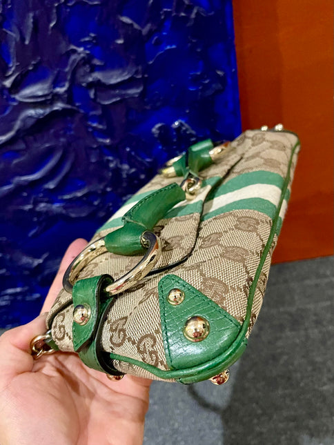 Gucci Horsebit 1955 Chain Bag Gucci Monogram Green Leather and Gold Studs