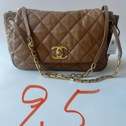 Chanel Double Stitch Retro Chain Accordion Flap Bag Brown Calfskin Leather