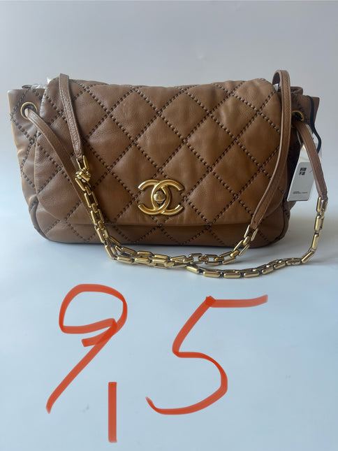 Chanel Double Stitch Retro Chain Accordion Flap Bag Brown Calfskin Leather