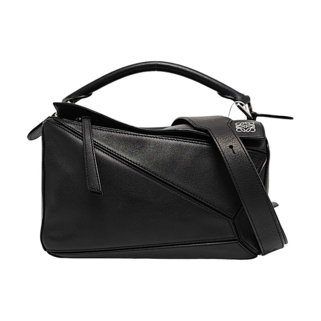 Loewe Puzzle Small Black Smooth Leather White Logo With Metal Feet 2016-Luxbags