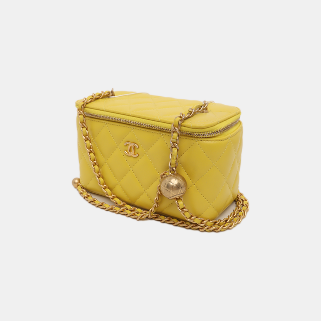 Sold Chanel Vanity Case Mini Lambskin Leather Yellow Gold Ball Adjustable Strap, Chip