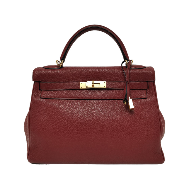 Hermes Kelly 32 Retourne Rouge H Burgundy Clemence Leather Double Ring Gold HW 2004-Luxbags