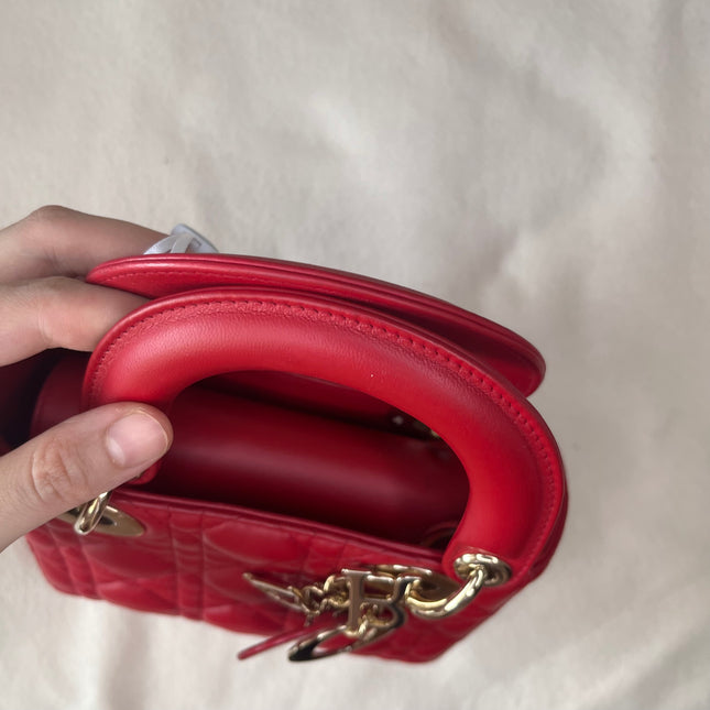 Sold Lady Dior Red Mini handbag Cannage Leather with strap