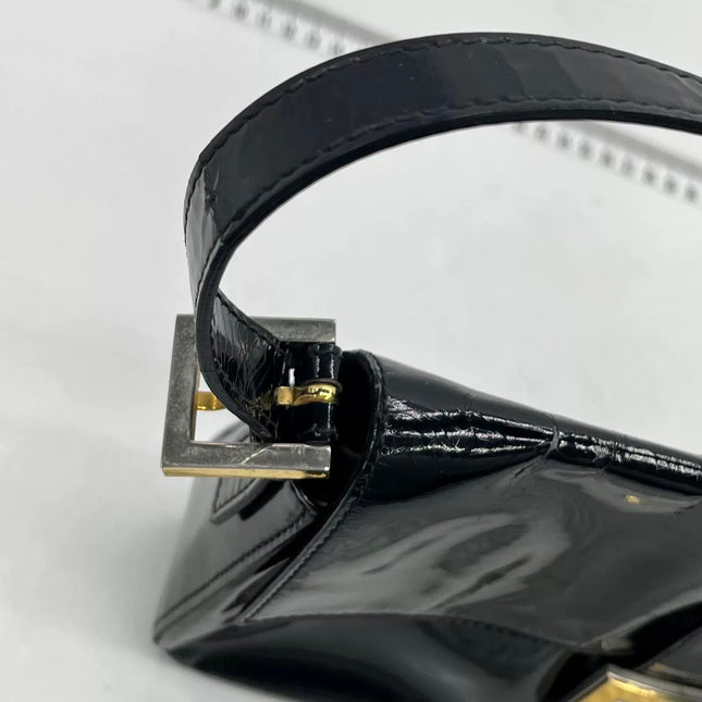 Fendi Baguette Black Patent Leather Gold Hardware Shoulder Bag