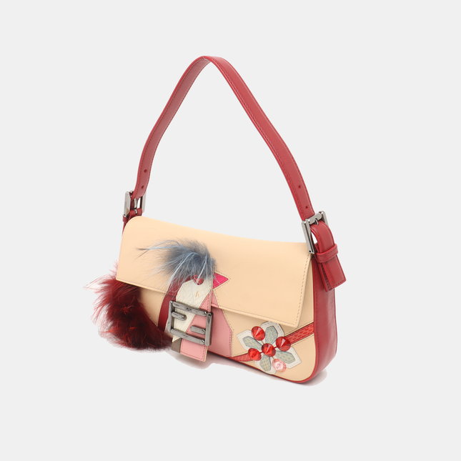 Fendi Baguette 1997 Re-edition Bird Motif Fur Leather Beige Shoulder bag