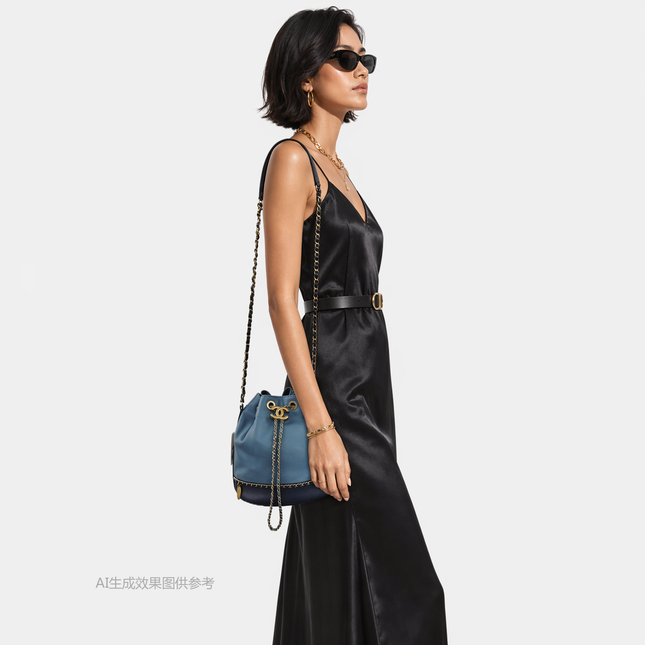 Chanel CC Lovely Chained Bucket Bag Lambskin Leather Navy Gold HW, 2018-19