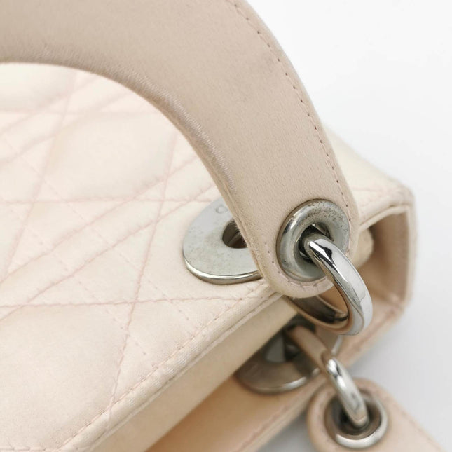 Sold Lady Dior Mini 2004 Beige Silk Handbag Silver Hardware