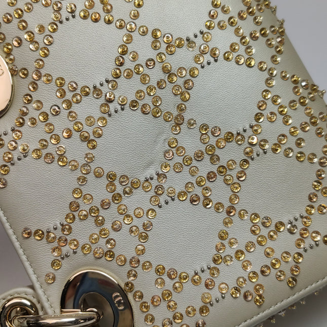 Lady Dior Mini Gold Calfskin Leather with Crystals Gold Hardware 2023