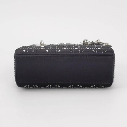 Lady Dior Mini Black Silk with Crystals Silver Hardware