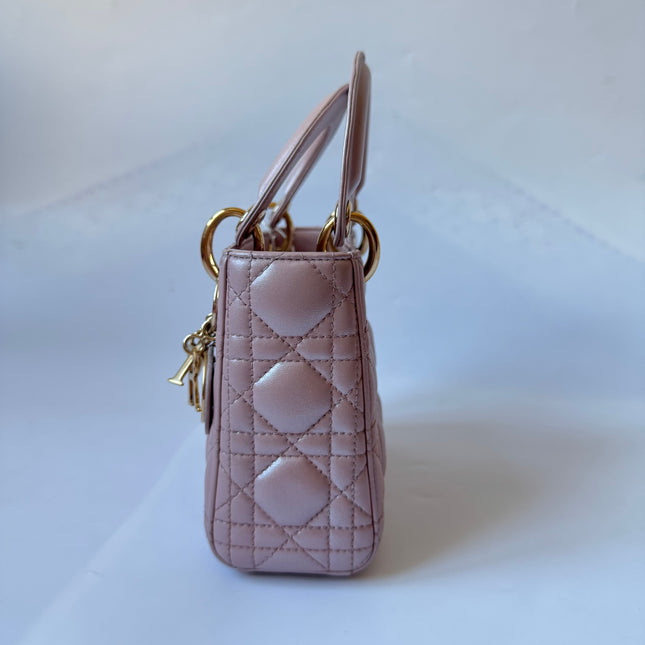 Lady Dior Mini Pearlescent Pink Lambskin Leather Gold HW Chain Strap