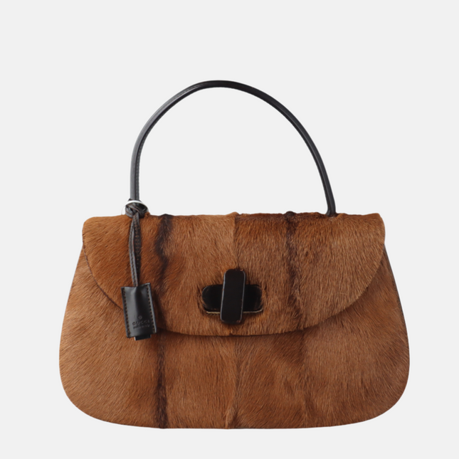 Gucci Bamboo 1947 Top Handle Bag Leather Medium Brown Pony-style Calfskin Leather-Luxbags