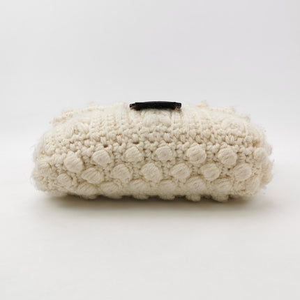 Fendi Baguette Bag White Crochet Knit Wool Pompom Shoulder Bag