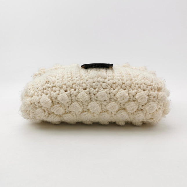 Fendi Baguette Bag White Crochet Knit Wool Pompom Shoulder Bag