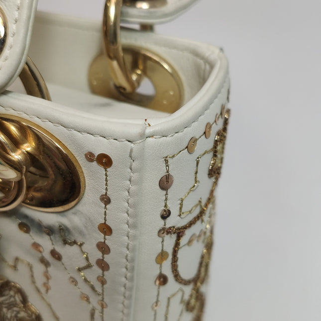 Lady Dior Mini 2018 Embroidered White Calfskin Leather Gold Beads Crossbody Bag