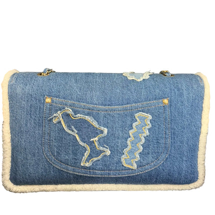 Chanel Blue Denim White Shearling Egyptian Hieroglyph Maxi Flap Bag Gold Hardware, 2019