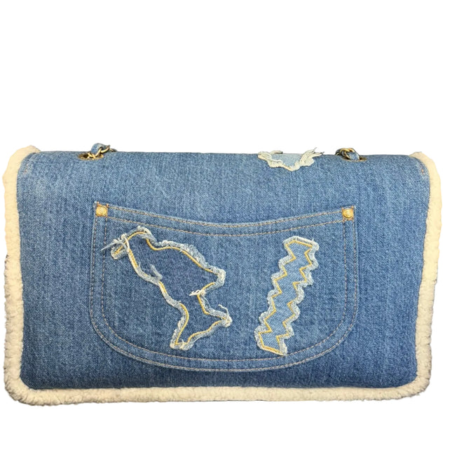 Chanel Blue Denim White Shearling Egyptian Hieroglyph Maxi Flap Bag Gold Hardware, 2019