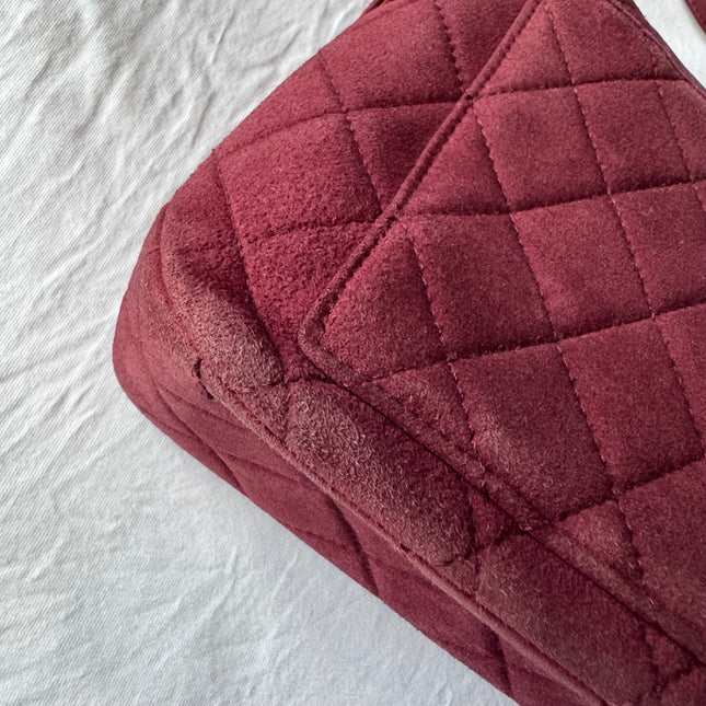 Chanel Vintage Medium Flap Top Handle Bag Burgundy Suede Leather 1997-1999