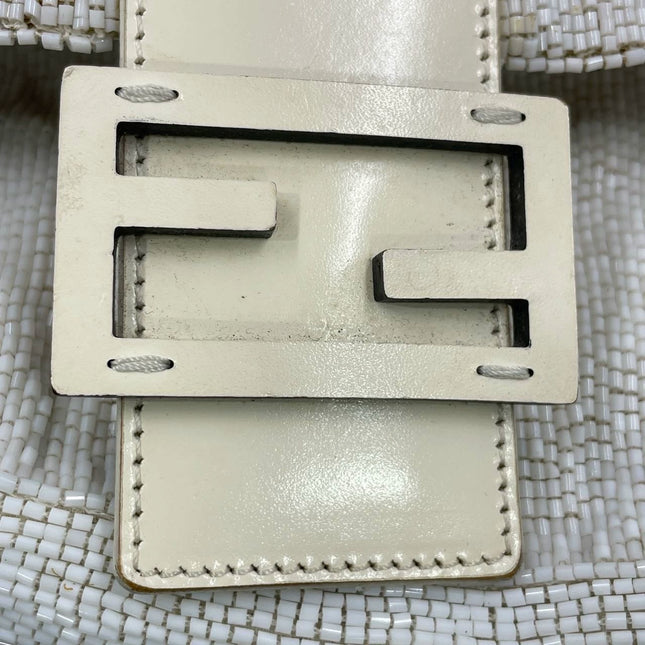 Fendi Baguette Vintage White Glitter Beads Brown Leather