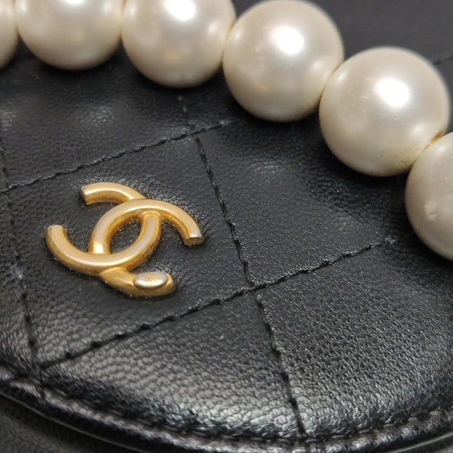 Chanel Round Black Lambskin Leather Crossbody Bag with Matelasse Chain and Pearls