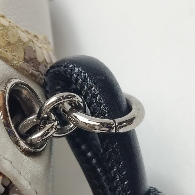 Chanel Cambon Clutch White Leather Snake Skin CC Logo Black Strap