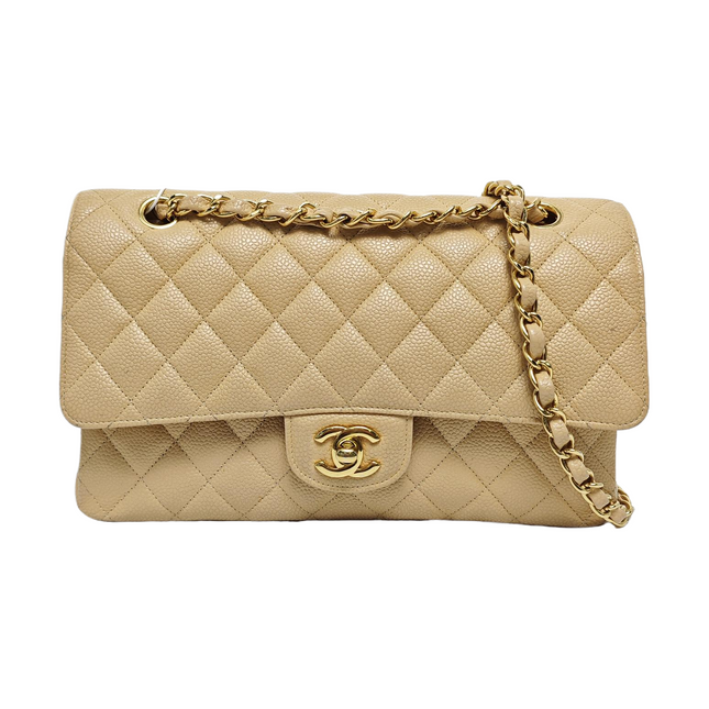 Chanel Timeless Classic Flap Medium Beige Caviar Leather Gold Hardware-Luxbags