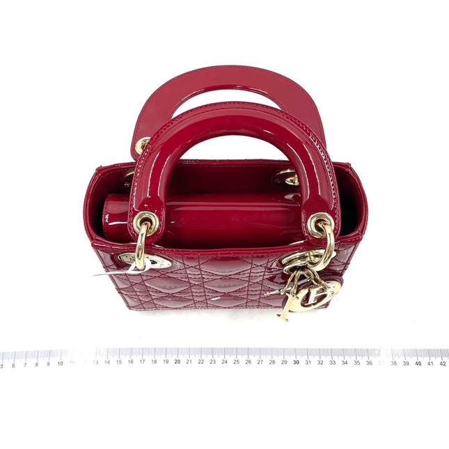 Lady Dior Mini Handbag Burgundy Red Patent Leather Gold-tone Chain Strap